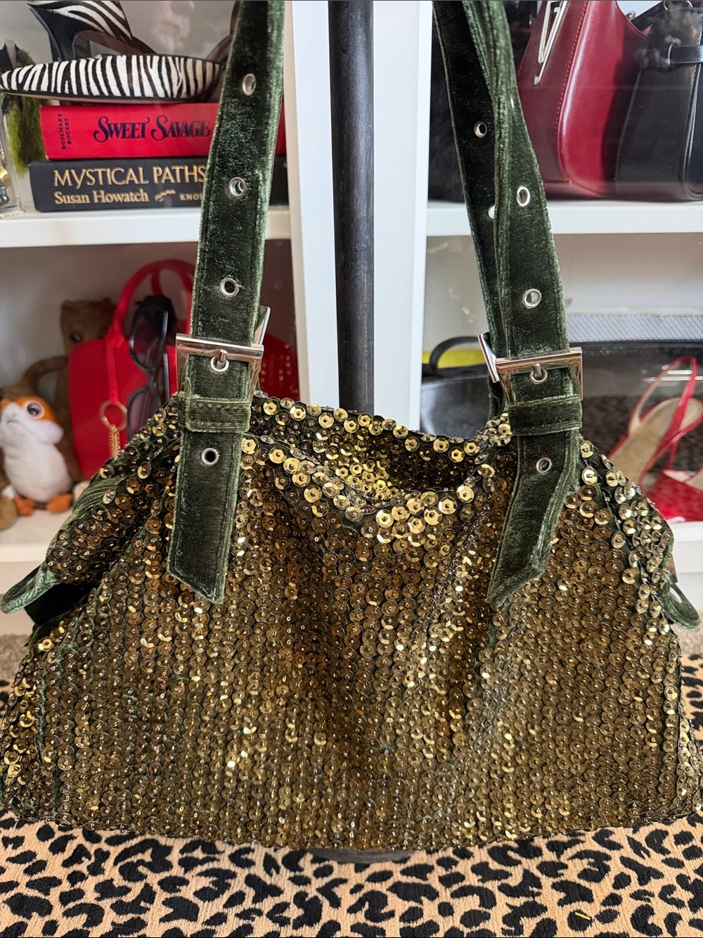 Big Buddha Green Velvet and Gold Sequin Shoulder Bag